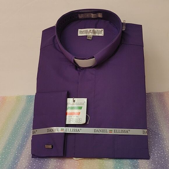 DANIEL ELLISSA PURPLE CLERGY SHIRT, WHITE TAB, WITH FRENCH CUFFS. - Picture 1 of 4